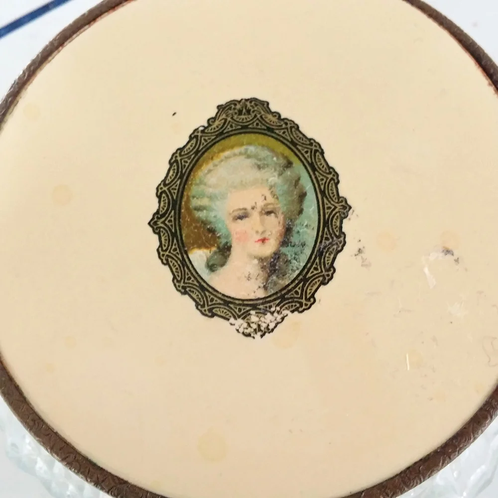 Vintage Glass Vanity Jar with Decorative Cameo Style Lid, Art Deco